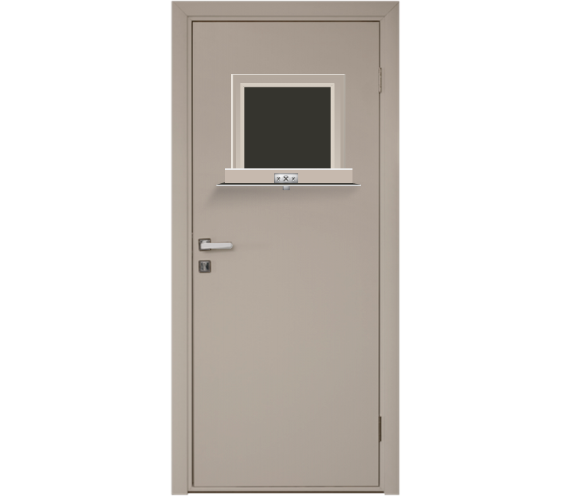 Влагостойкая дверь ПВХ EtaDoor с передаточным окном бежевая одностворчатая с алюминиевой кромкой