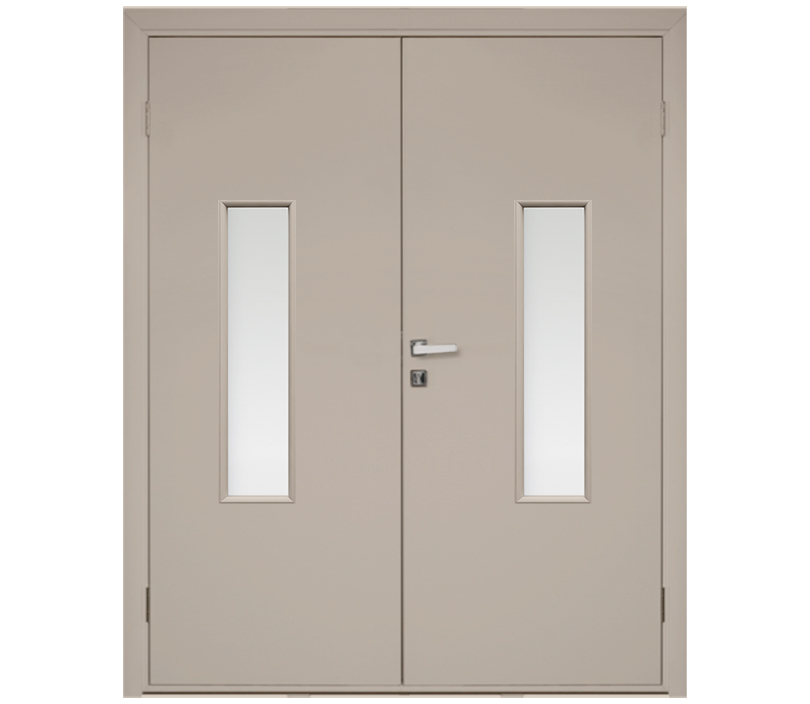 Влагостойкая дверь ПВХ EtaDoor с окном бежевая двухстворчатая с ПВХ кромкой