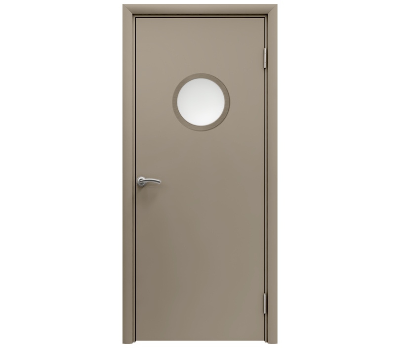 Влагостойкая дверь ПВХ EtaDoor с иллюминатором цвет мокко одностворчатая с ПВХ кромкой