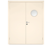 Влагостойкая дверь ПВХ EtaDoor с иллюминатором кремовая двухстворчатая с ПВХ кромкой